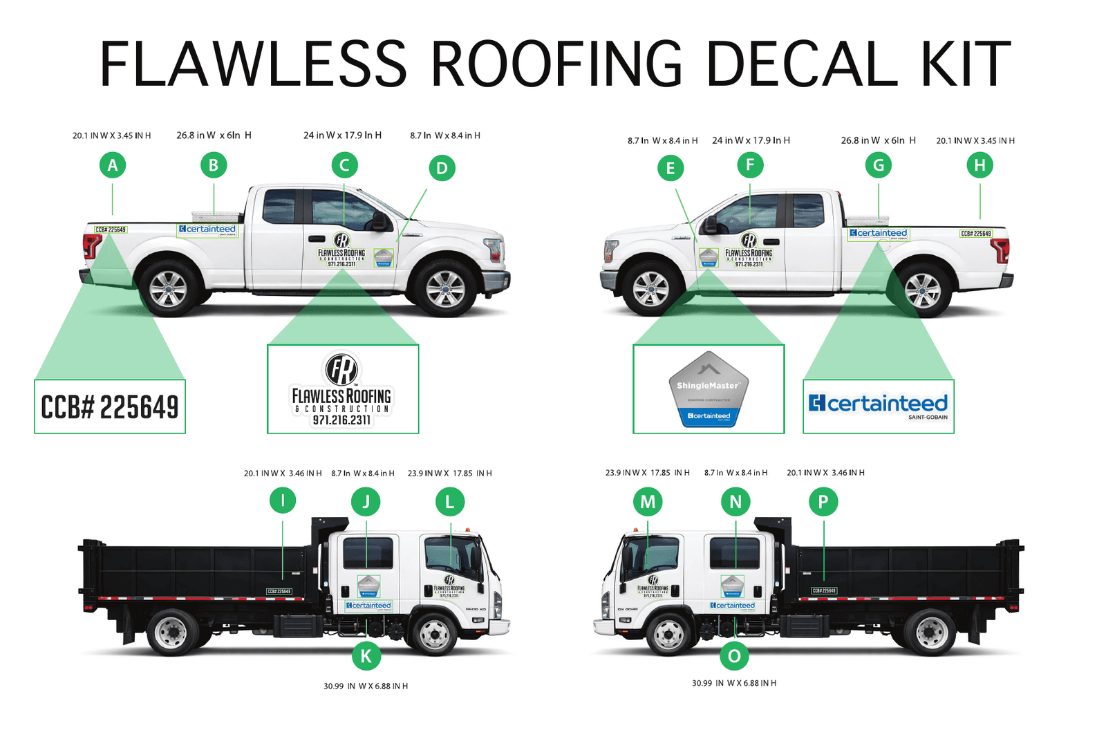 A design proof showing where each decal goes on two work trucks, with sizes